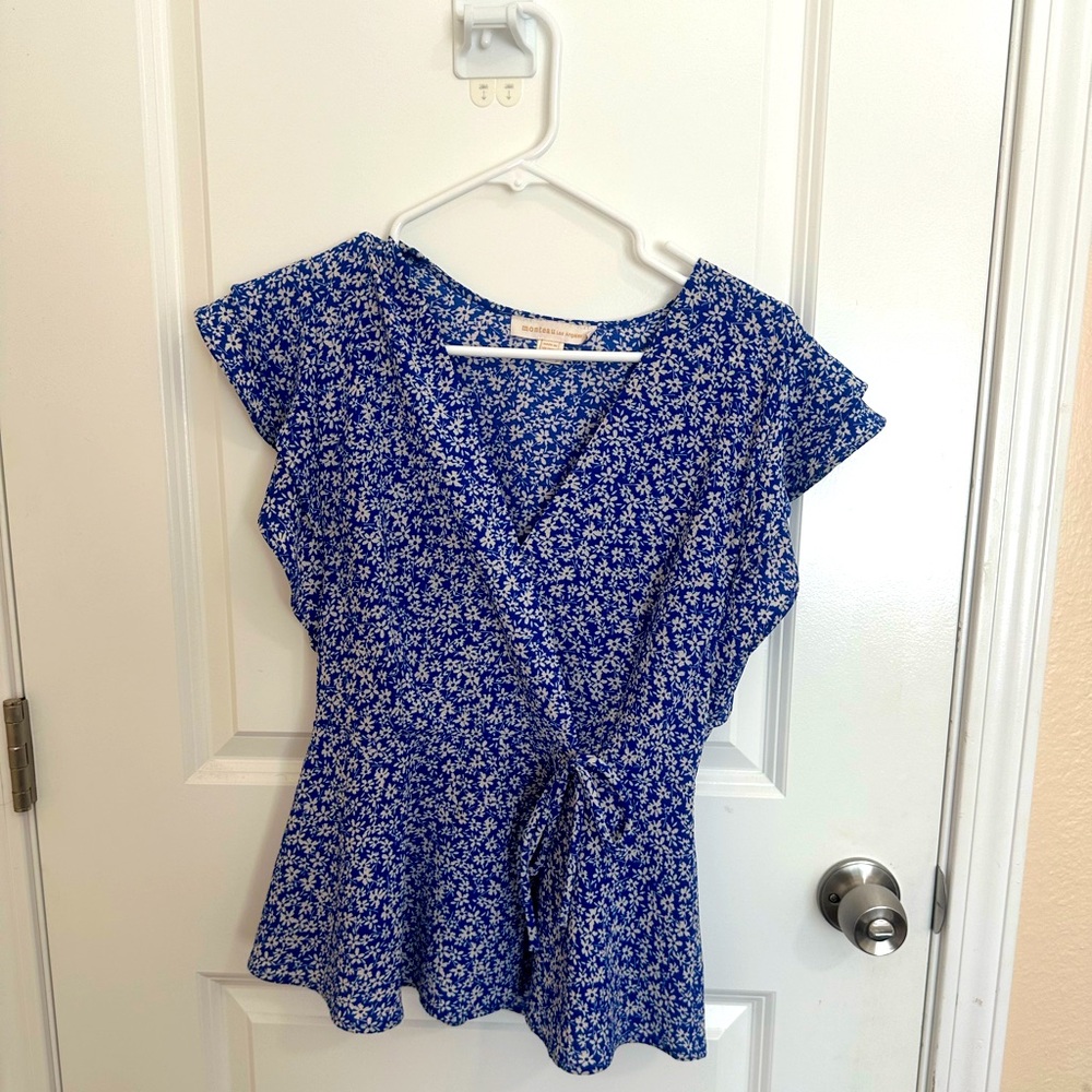 Monteau Blue Faux Wrap Blouse